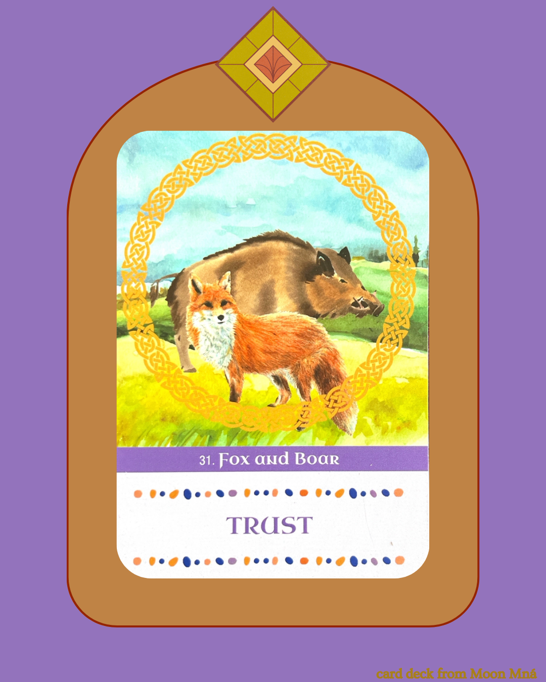 A purple canva graphic surrounding an oracle card depicting a fox and a boar in a field. The card is called Trust.