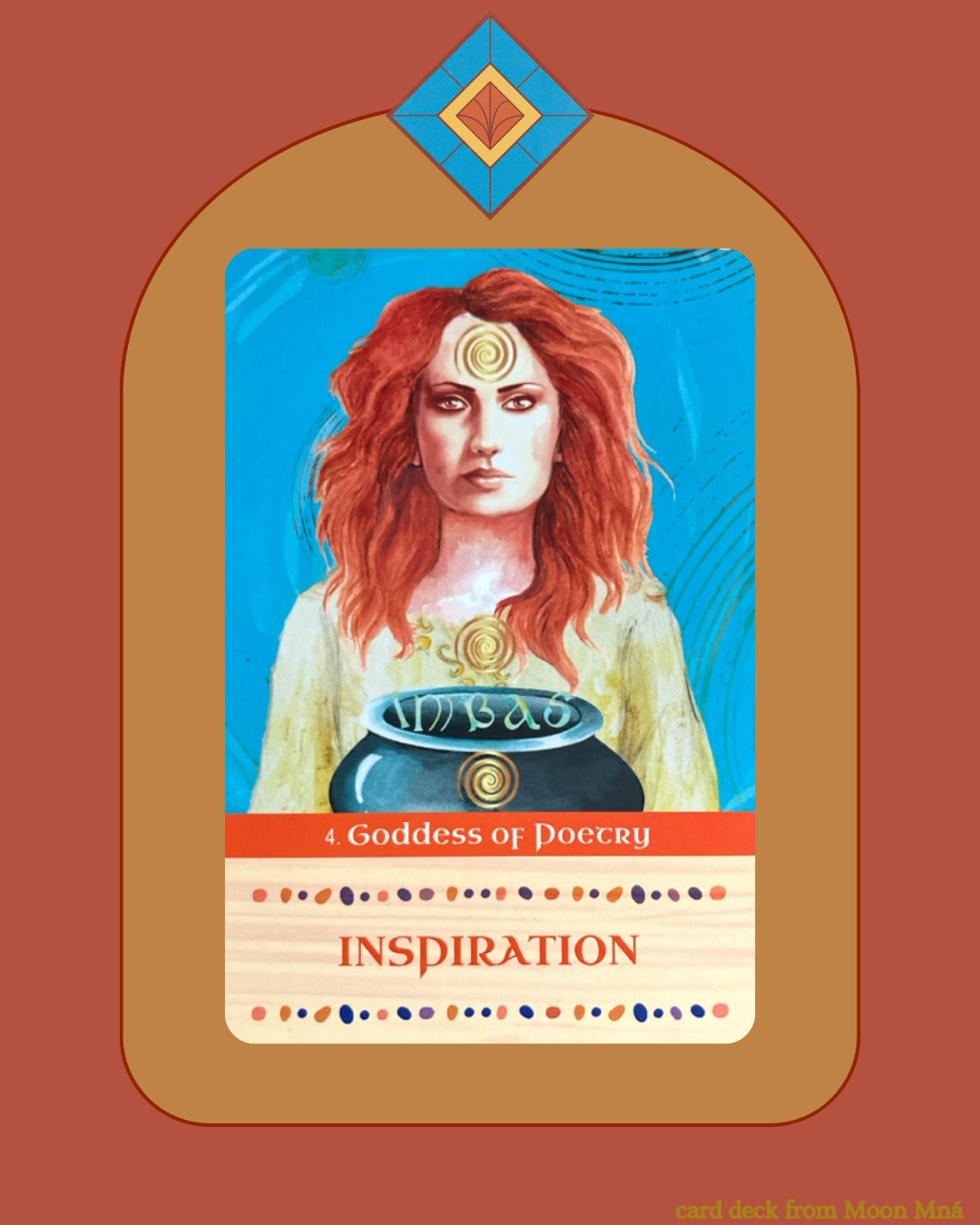  Brigid is a woman with red hair and spirals depicting the 3 cauldrons of the self.