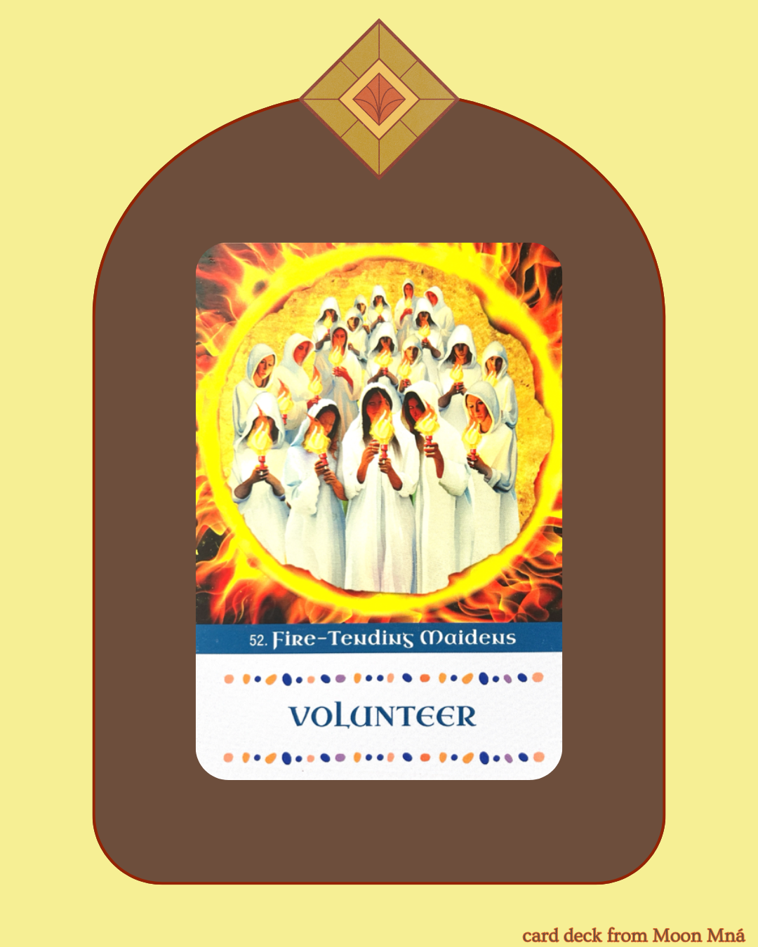 19 cloaked women carrying flames are encircled in fire.