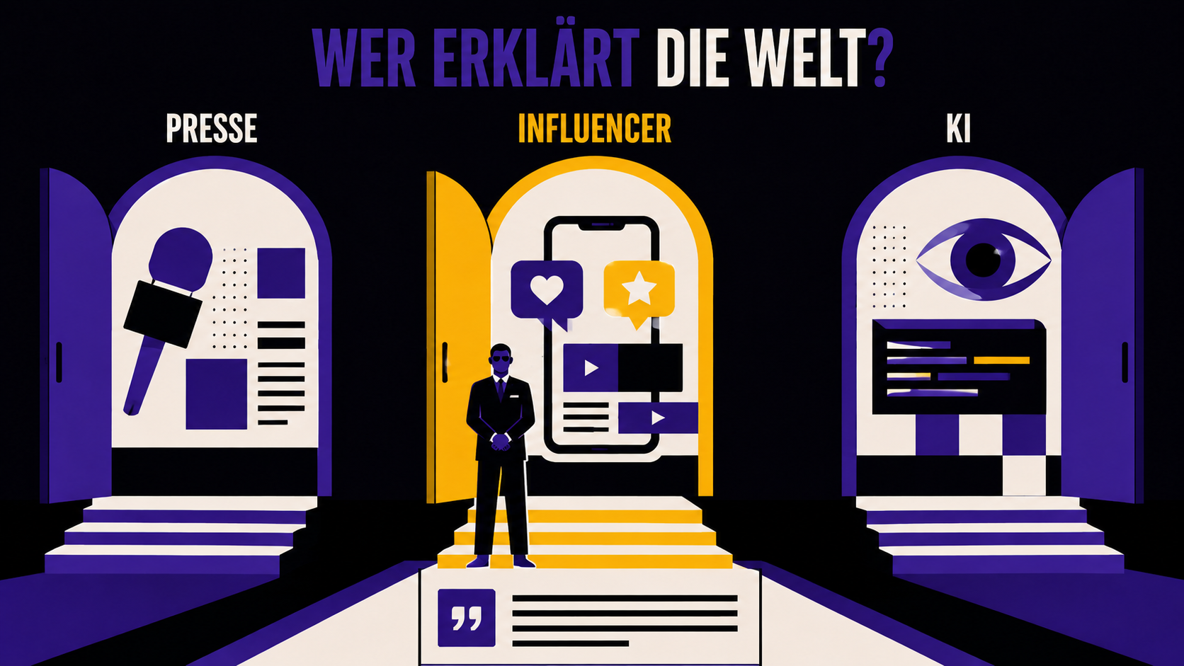 Drei beleuchtete Türen vor schwarzem Hintergrund. Links die Presse, in der Mitte ein Influencer und Türsteher-Figur, rechts die KI mit Auge und Textfeld. Titel „Wer erklärt die Welt?".