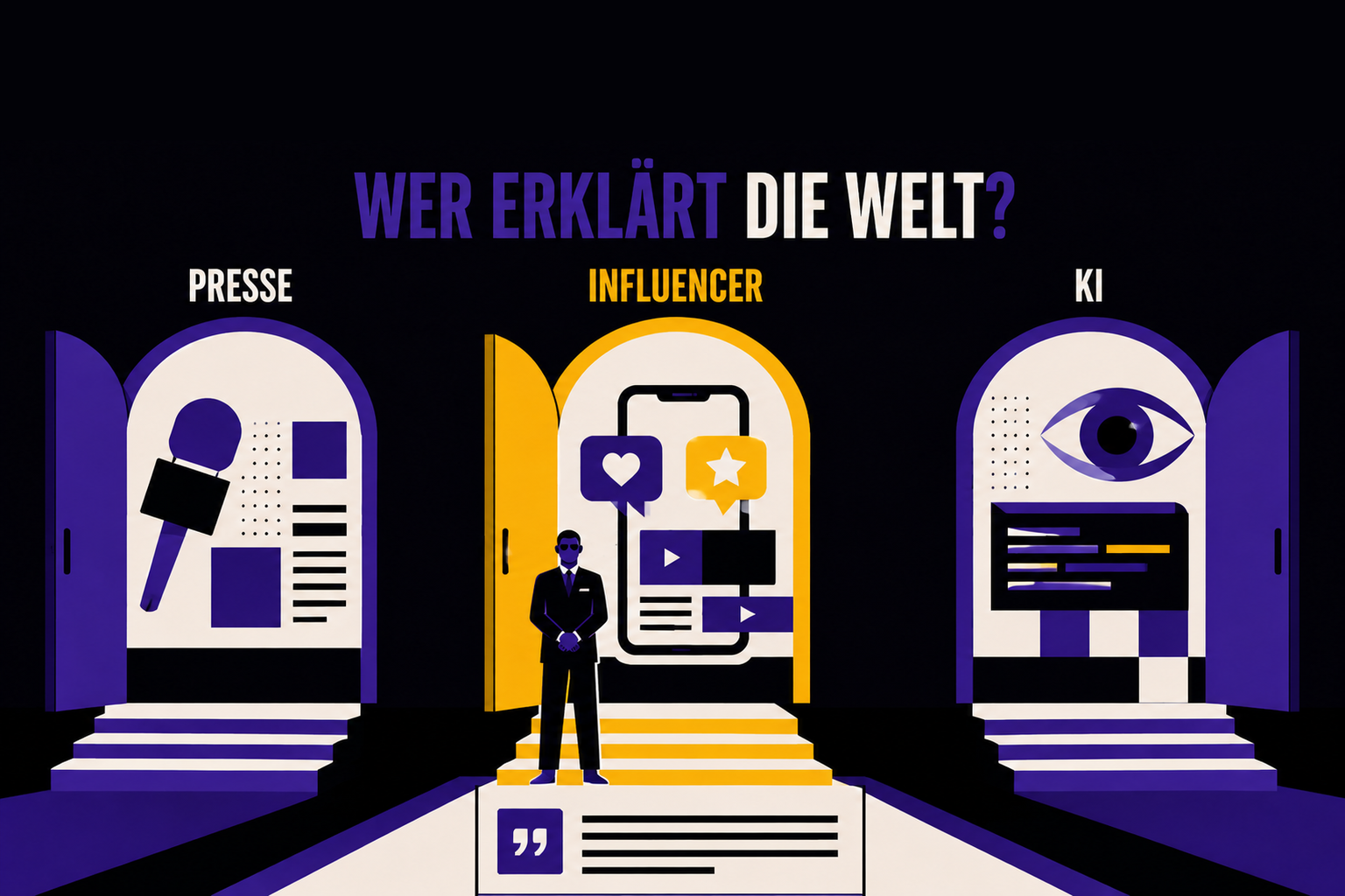 Drei beleuchtete Türen vor schwarzem Hintergrund. Links die Presse, in der Mitte ein Influencer und Türsteher-Figur, rechts die KI mit Auge und Textfeld. Titel „Wer erklärt die Welt?".