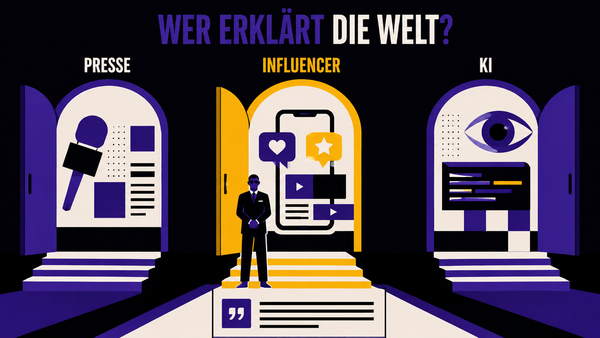Drei beleuchtete Türen vor schwarzem Hintergrund. Links die Presse, in der Mitte ein Influencer und Türsteher-Figur, rechts die KI mit Auge und Textfeld. Titel „Wer erklärt die Welt?".