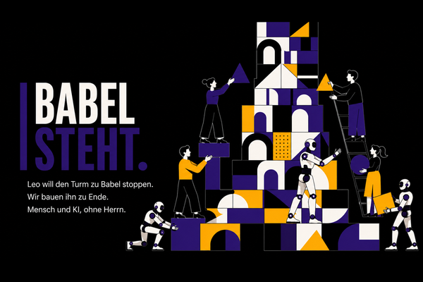 Ein Turm aus Bauklötzen in Violett, Gelb, Schwarz und Creme, mit Bögen, Kreisen und Dreiecken. Menschen und humanoide Roboter bauen ihn gemeinsam. Links die große Schlagzeile "Babel steht".
