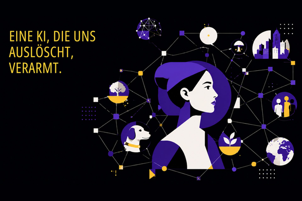Illustration: eine Frau im Profil als Knoten in einem Netz, verbunden mit Symbolen für Hund, Baum, Stadt, Menschen, Erde und Waage. Titel: Eine KI, die uns auslöscht, verarmt.
