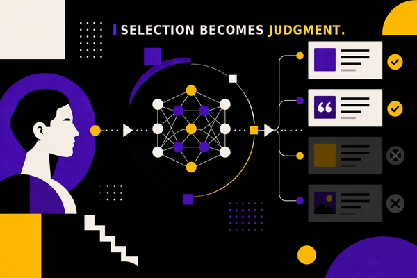 Bauhaus-style illustration: a person on the left, a node network as an AI model in the center, four source cards on the right, two picked, two crossed out. Title: Selection becomes judgment.