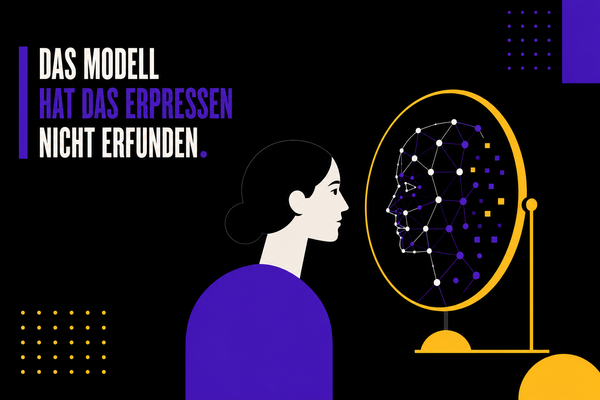 Illustration: ein Mensch blickt in einen Spiegel, im Spiegelbild ein Knoten-Netz als KI-Modell. Titelzeile: Das Modell hat das Erpressen nicht erfunden.
