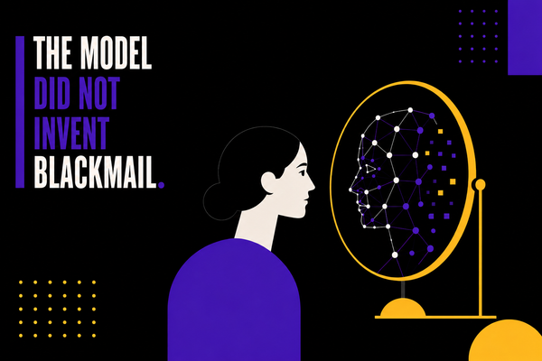 llustration: a person looks into a mirror, the reflection shows a node network as an AI model. Title line: The model did not invent blackmail. 