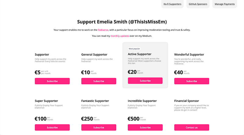 Screenshot of the website for Supporting my work, link above.