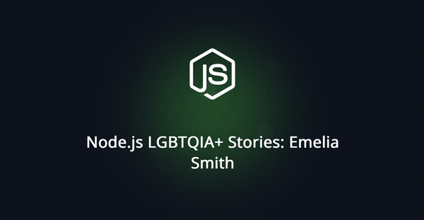 Node.js LGBTQIA+ Stories: Emelia Smith, above there is the Node.js logo in white.