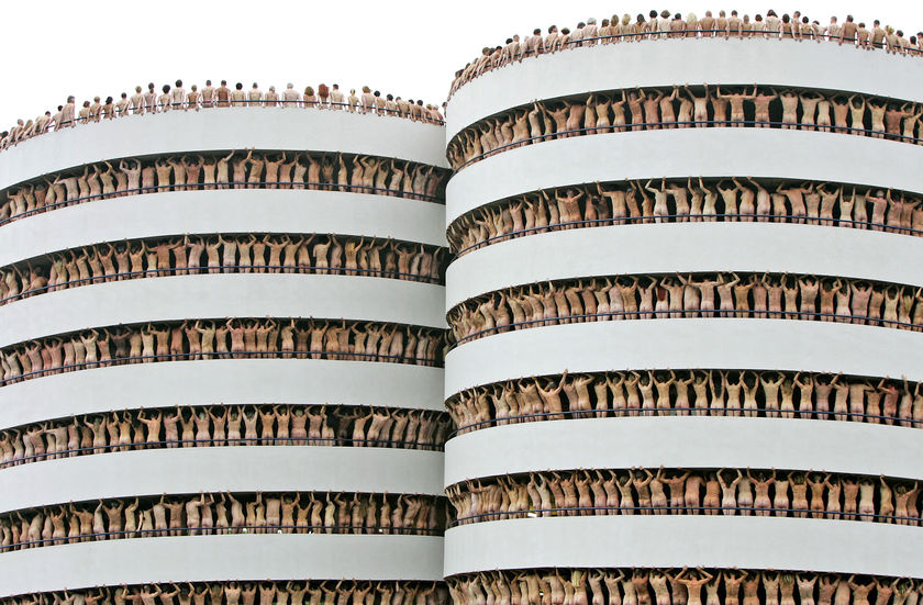 architizer:

julienfoulatier:

Performance by Spencer Tunick.

We keep “joking” that the best way to get people to look at architecture is to put naked people on it.&nbsp;