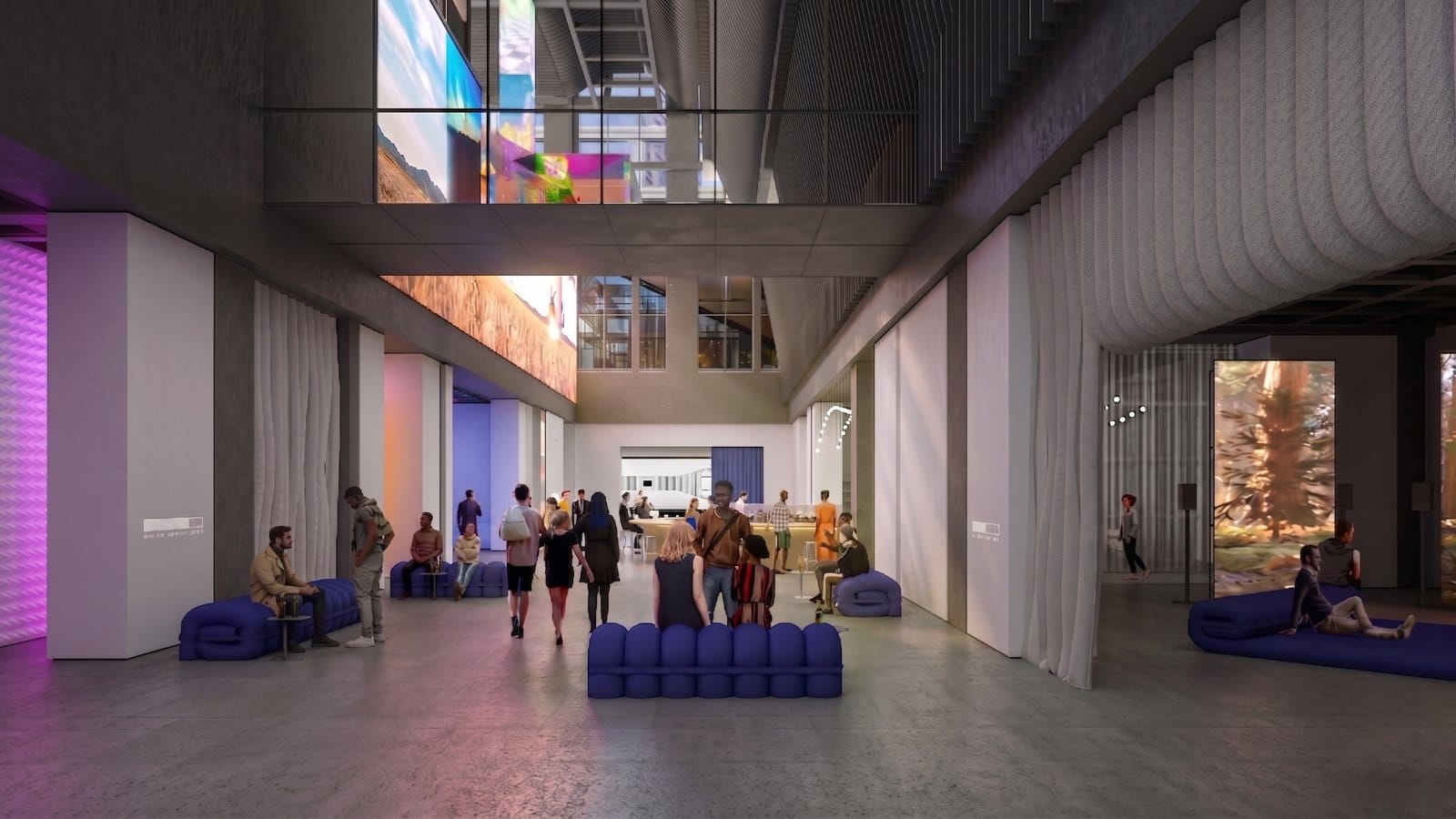 Rendering of Canyon's double-height atrium: large video screens on several levels, low blue lounge seating, and visitors walking through.