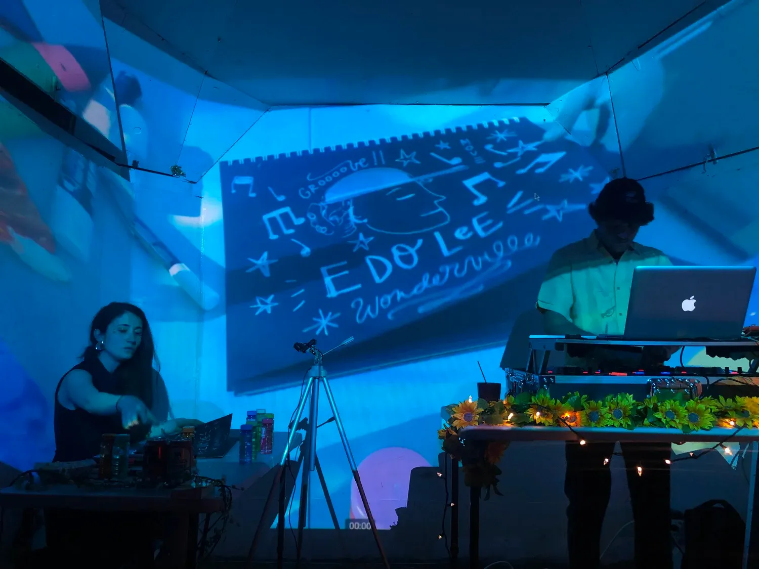 A performance in progress at Wonderville, with a projection behind the stage