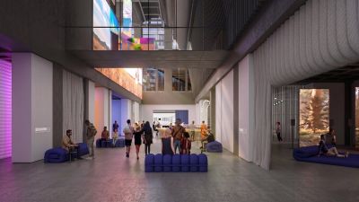 Rendering of Canyon's atrium, with video surfaces built into the architecture.