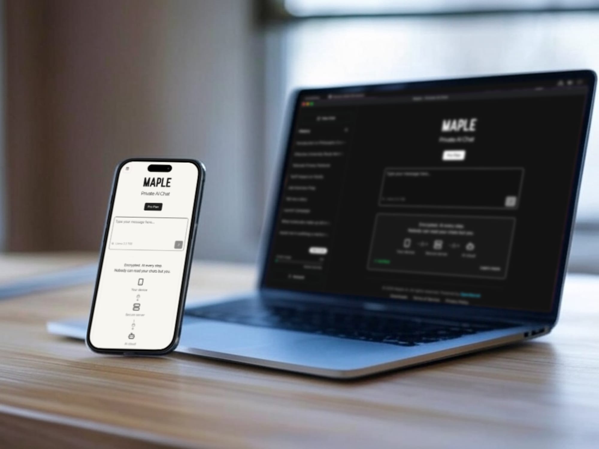 iPhone and laptop on a desk, synchronizing Maple data