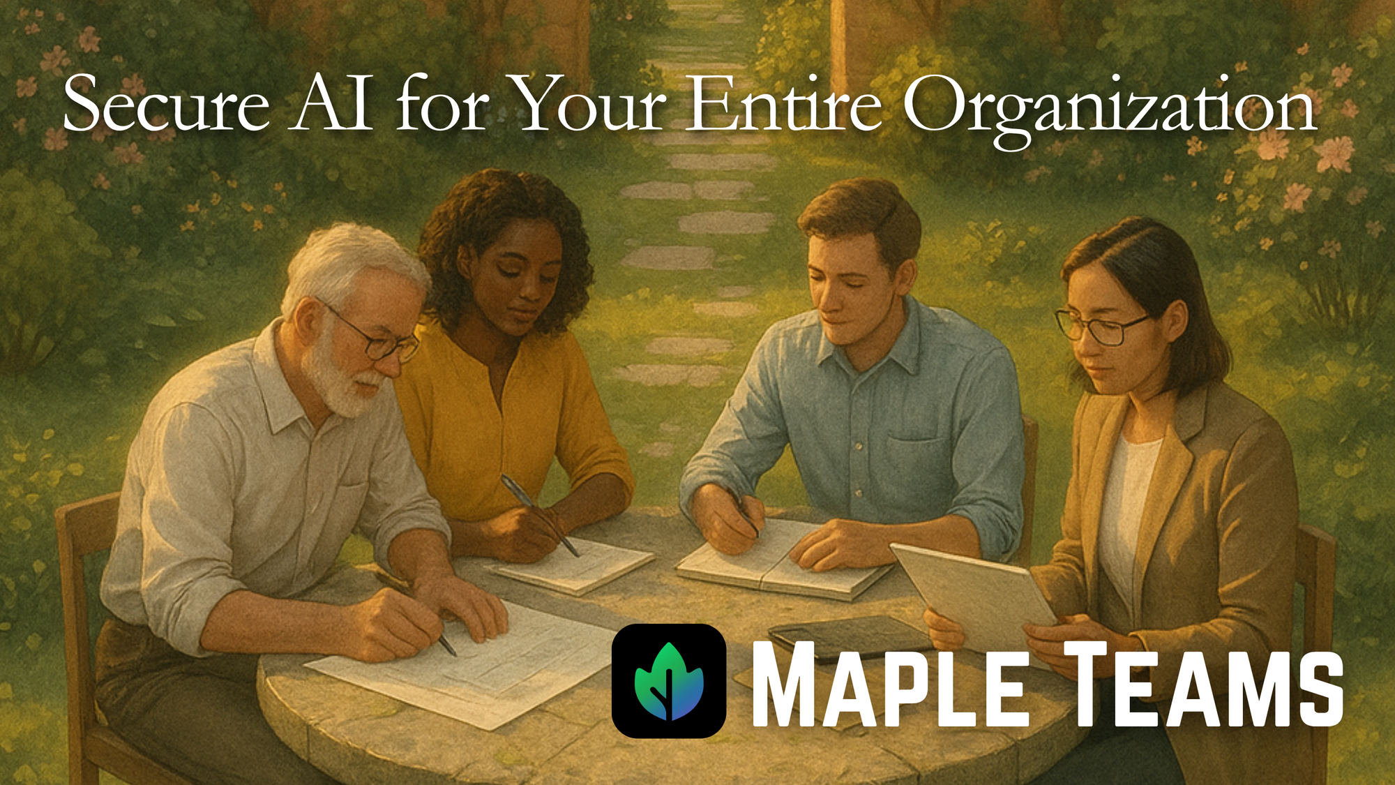 A team working together sits around a table in a garden that is a safe, quiet place for confidential conversations