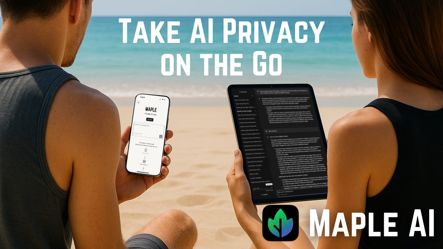A couple sits on the beach using Maple on an iPhone and an iPad