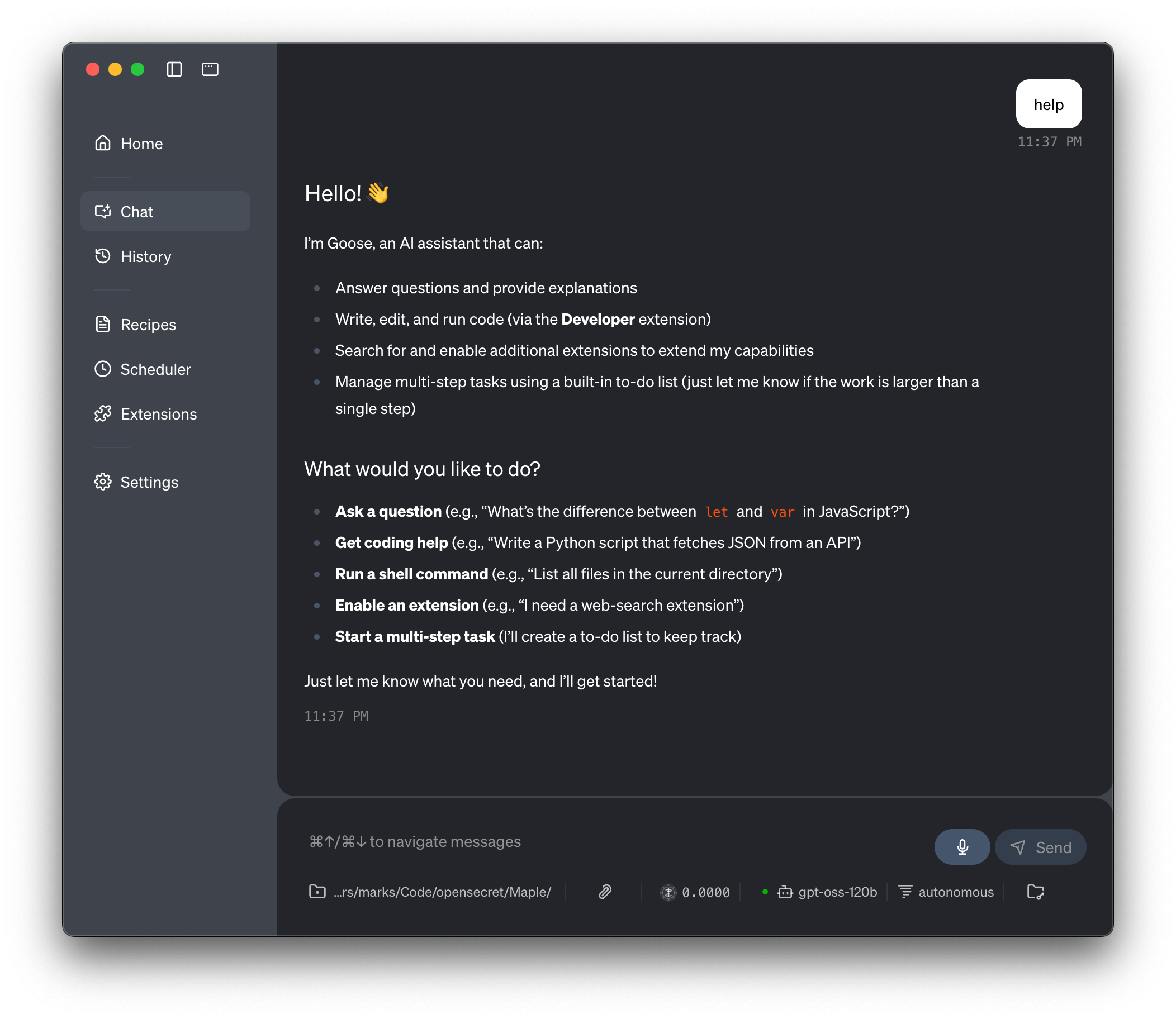 Goose user interface attached to Maple AI showing what it can help you do