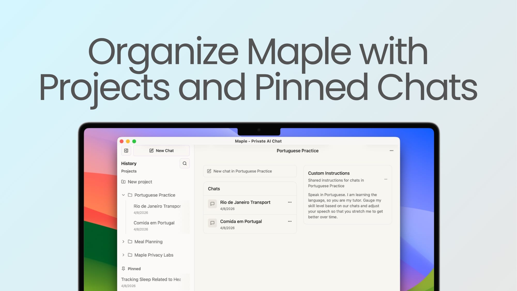 Screenshot of the Maple app with Projects and Pinned chats