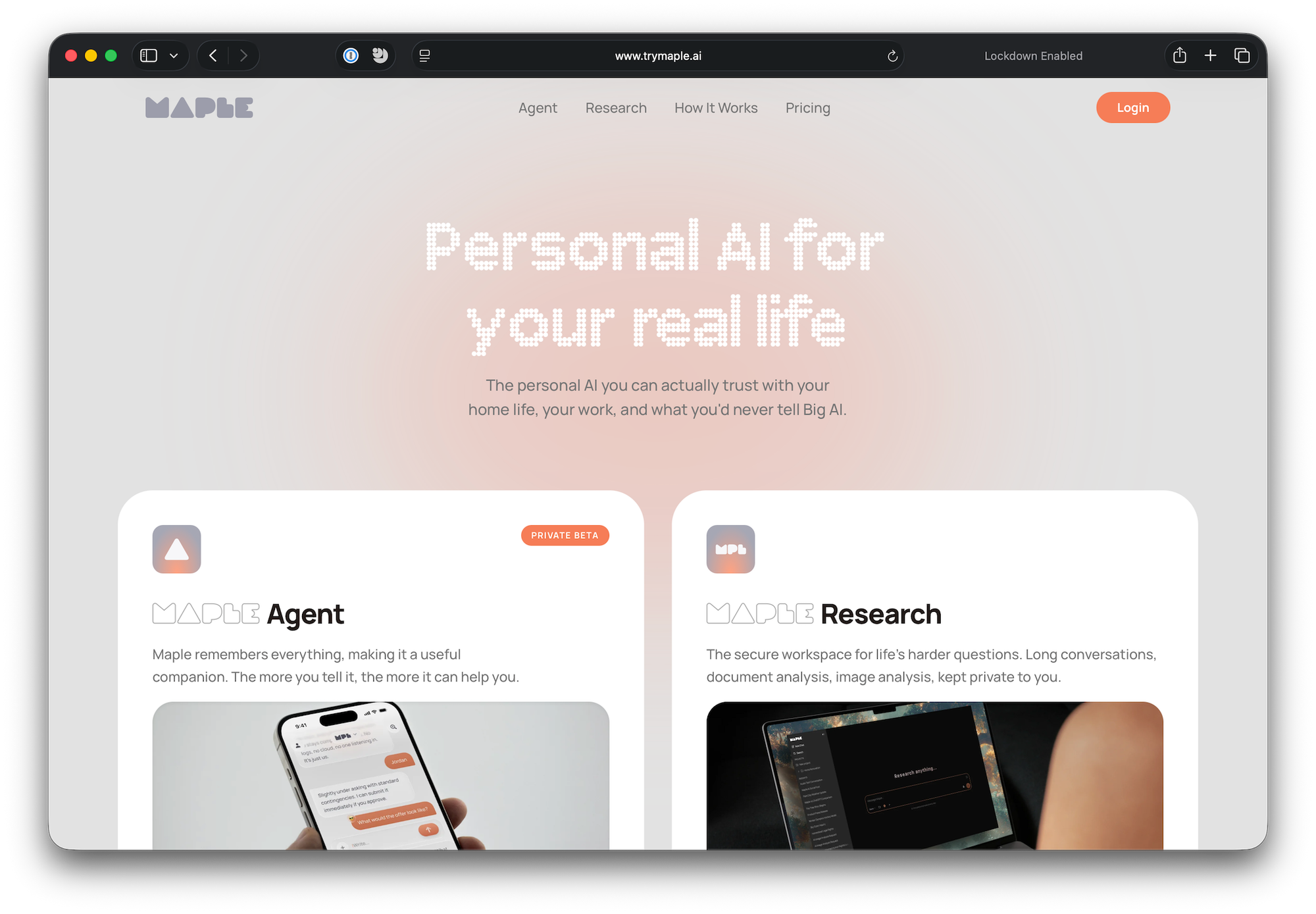 Maple website with headline Personal AI for your real life and it shows the Agent and Research apps.