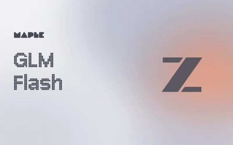 The words GLM Flash in Maple’s dot-matrix type beside the GLM mark on a light coral and grey field.