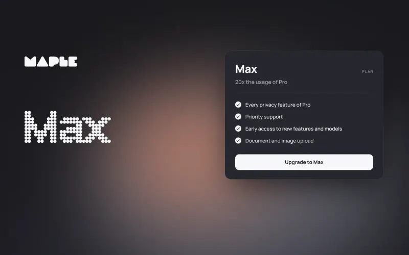 A Maple plan card for Max, listing 20x the usage of Pro, priority support, early access and uploads.