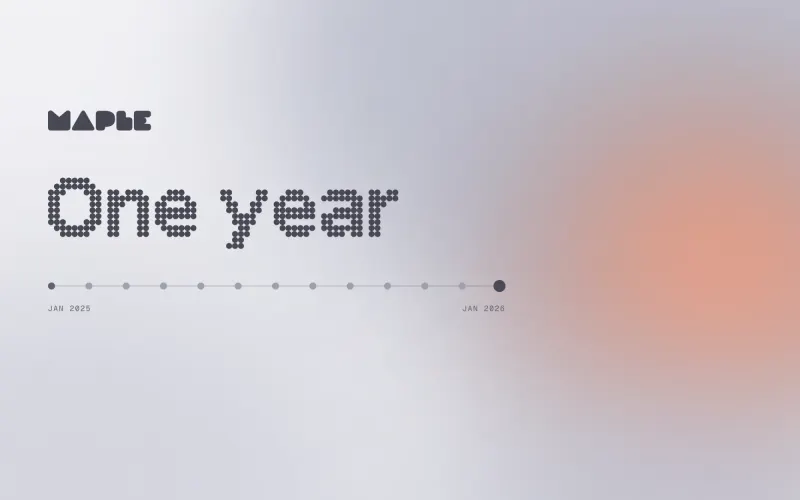 The words One year in large dot-matrix type above a thirteen-dot timeline from January 2025 to January 2026, on a light grey gradient with a coral glow.