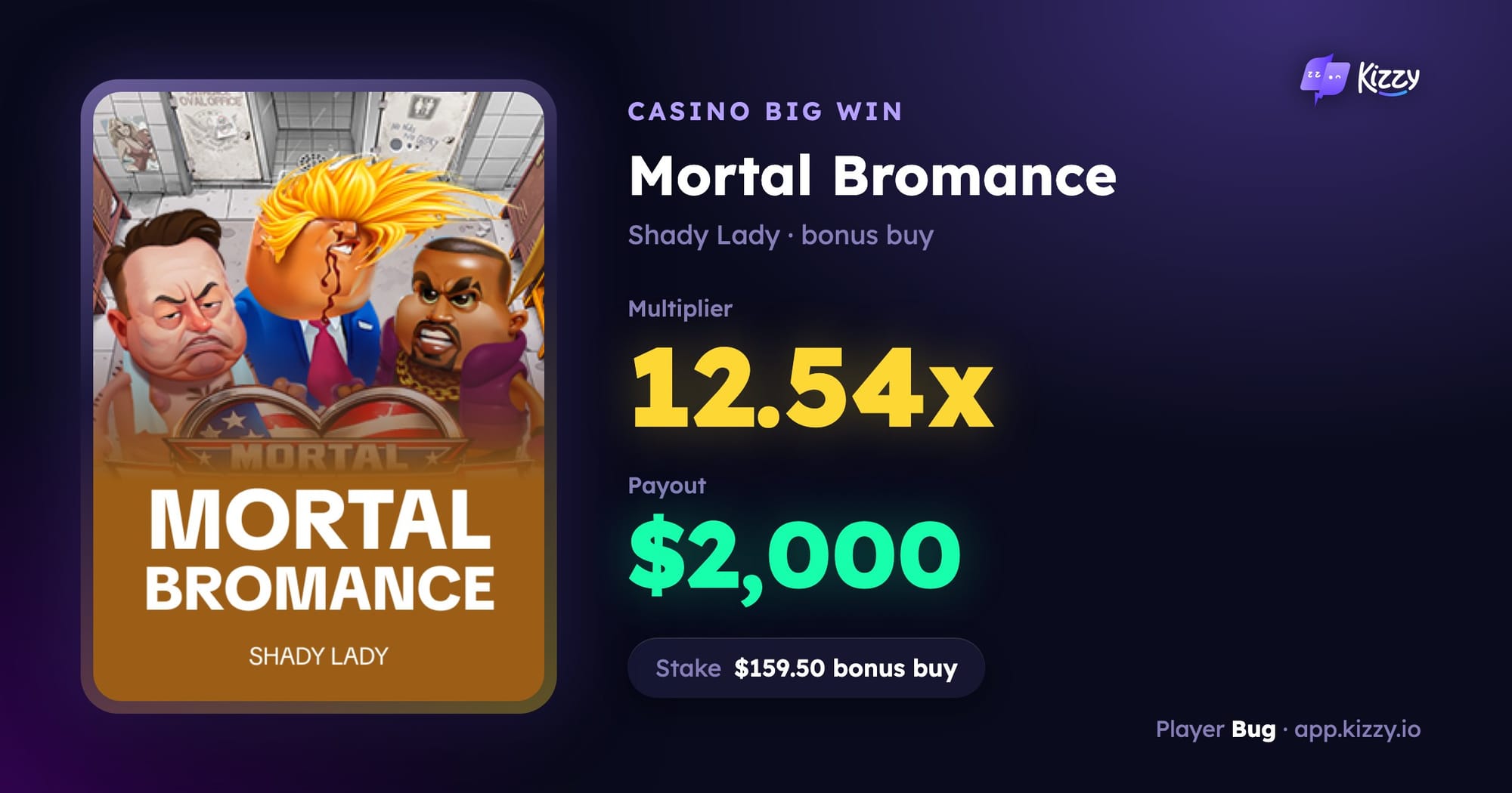 Bug wins $2,000 on Mortal Bromance by Shady Lady with a 12.54x bonus buy on Kizzy