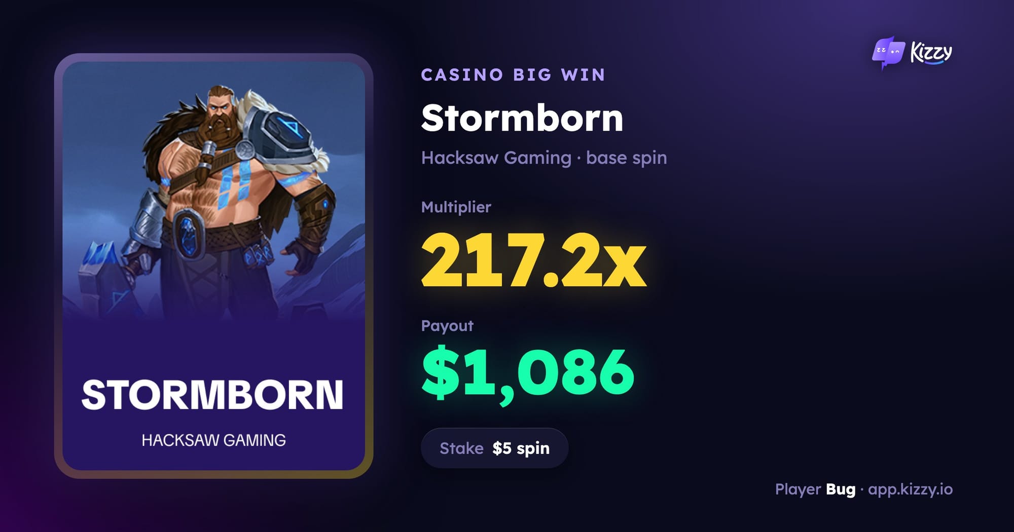 Bug hits a 217.2x win for $1,086 from a $5 spin on Stormborn by Hacksaw Gaming