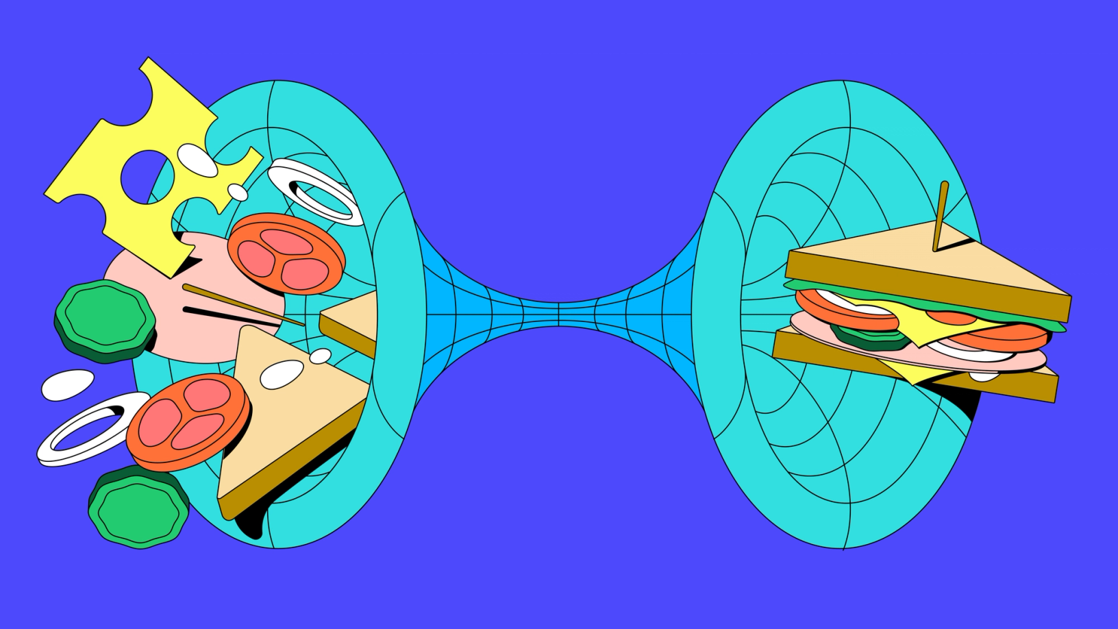 Illustration of sandwich ingredients warped through a blue hourglass-shaped tunnel