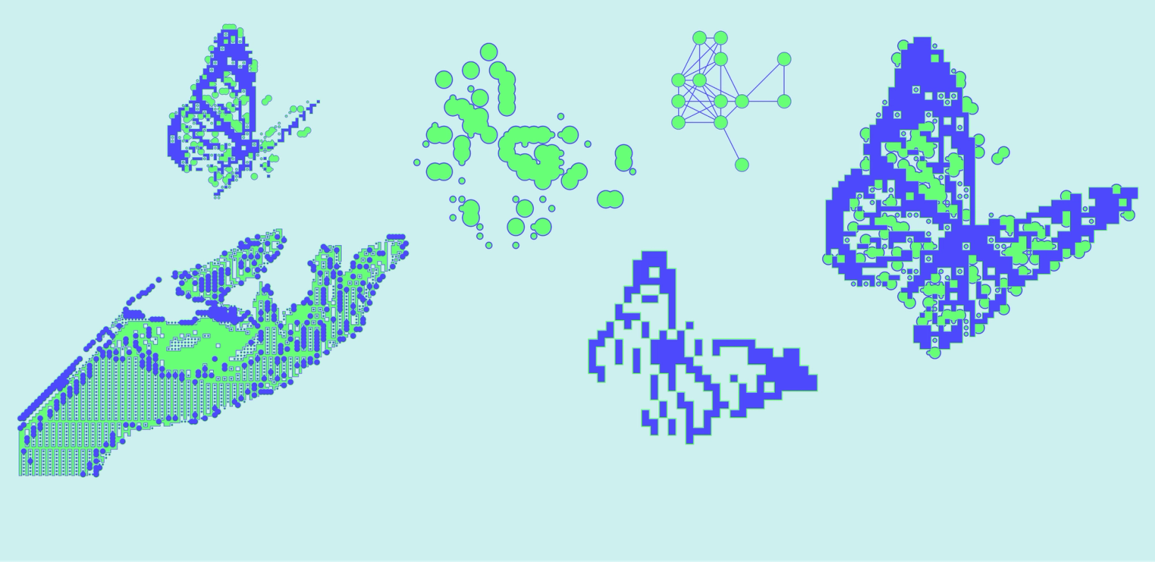 Illustration of a hand releasing pixelated butterflies and data clusters