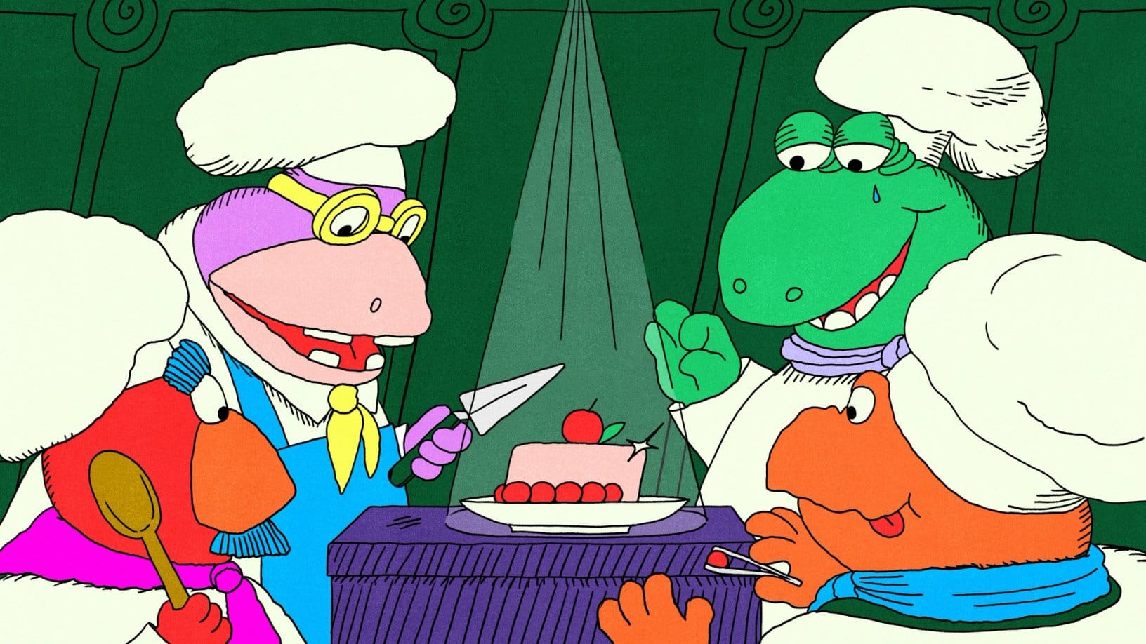 Four cartoon chefs gather around a glowing pink cake