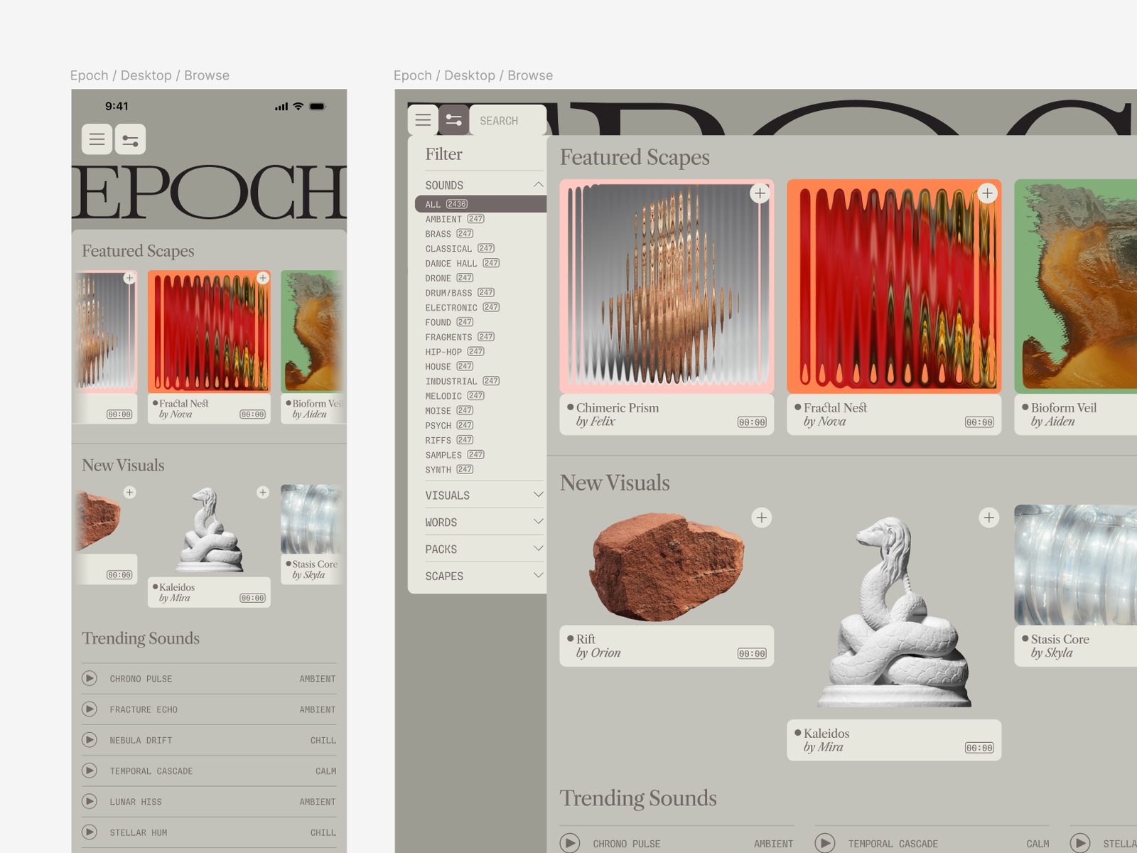 Epoch app 的 mobile 與桌面 mockup：極簡灰色 UI、聲音分類、抽象視覺素材