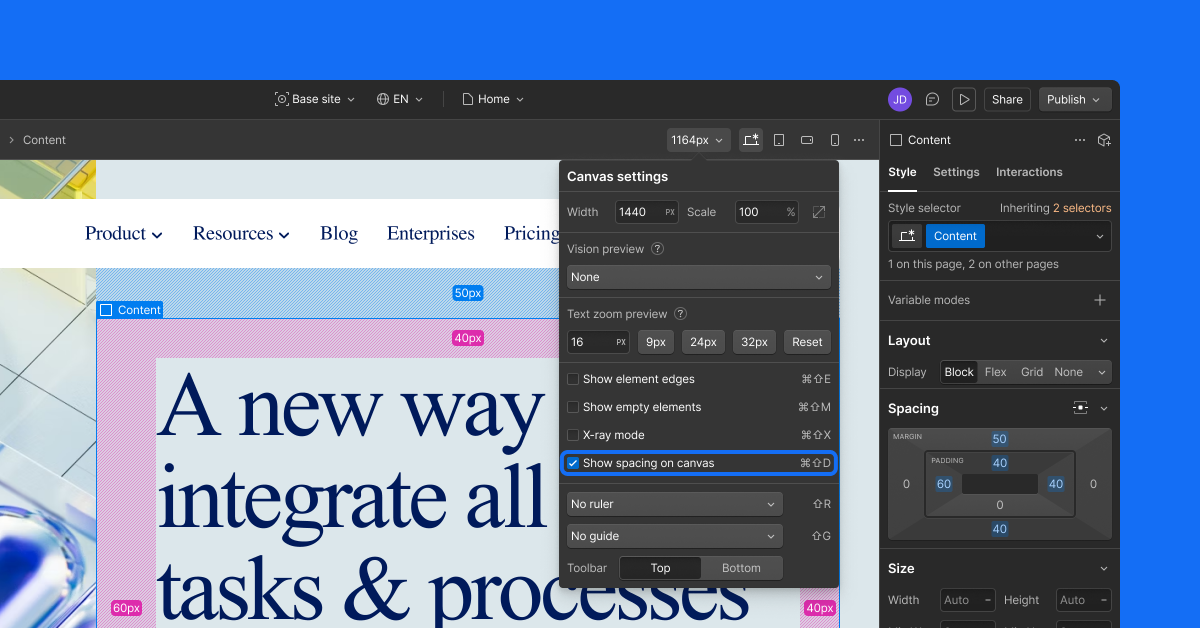 Webflow on-canvas spacing visualization