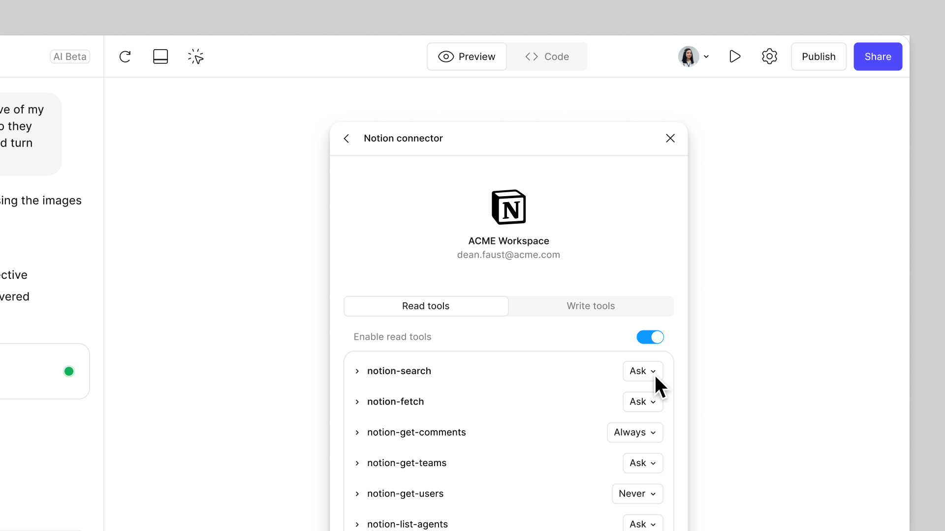 Figma Make Notion connector 設定面板,列出 read tools 與 write tools