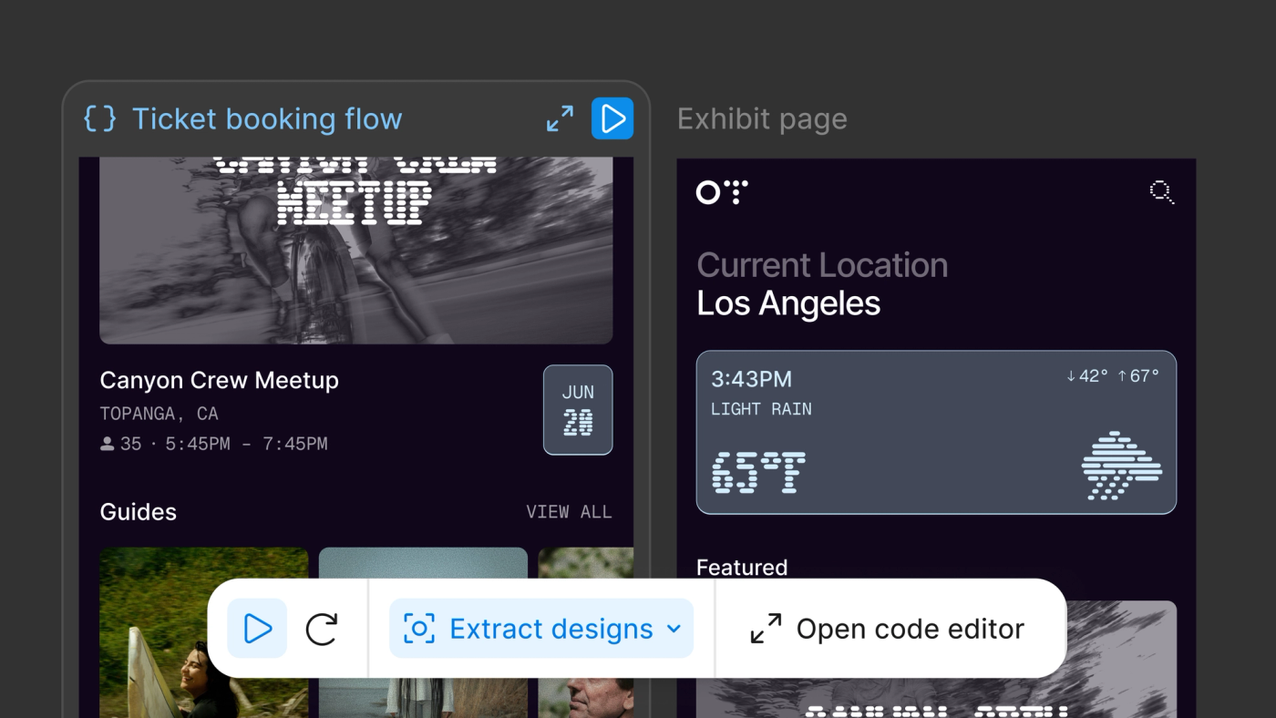 畫布上的 code layer 顯示 Extract designs 與 Open code editor 兩個操作