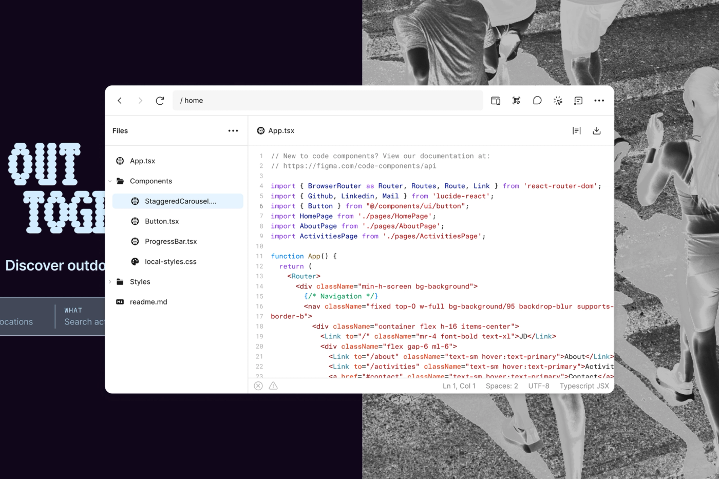Figma 畫布上開啟的 code editor,左側顯示 App.tsx 等檔案樹