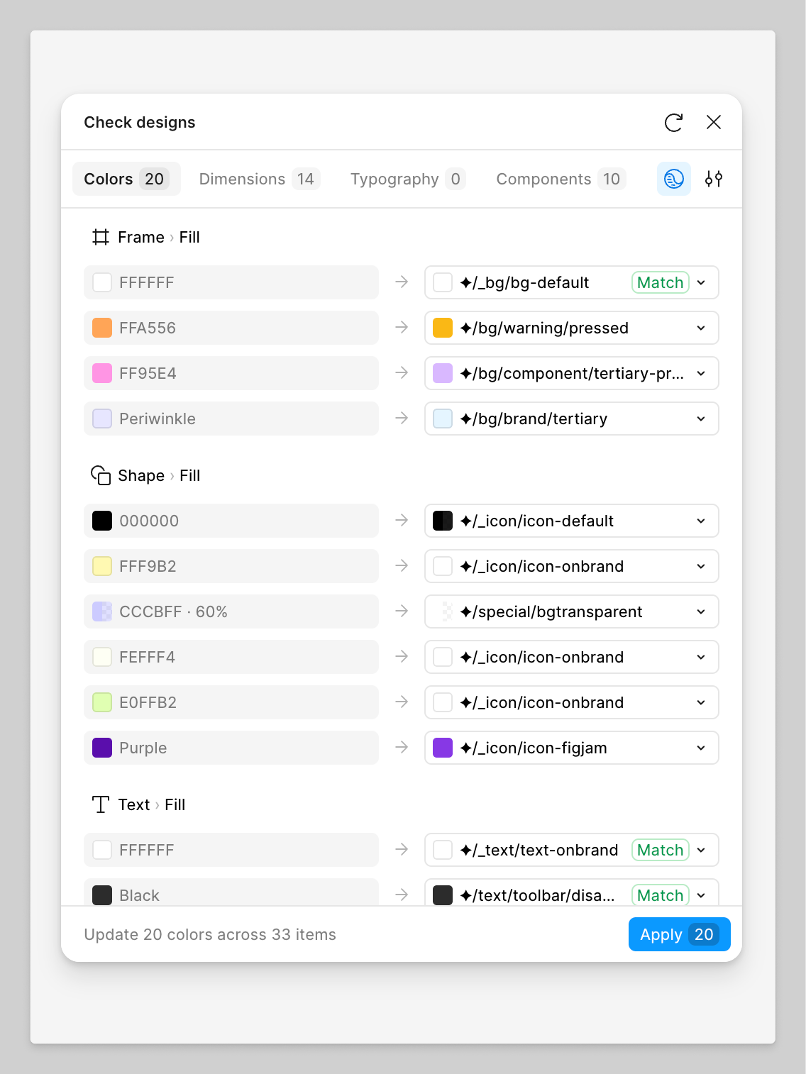 Figma Check designs 面板:左側是檔案中的硬值,右側是 design system 中對應的 token,底部一鍵 Apply