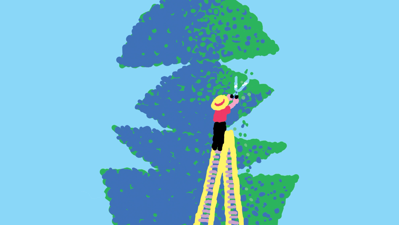 Figma blog illustration — a person on a ladder observing through a hedge