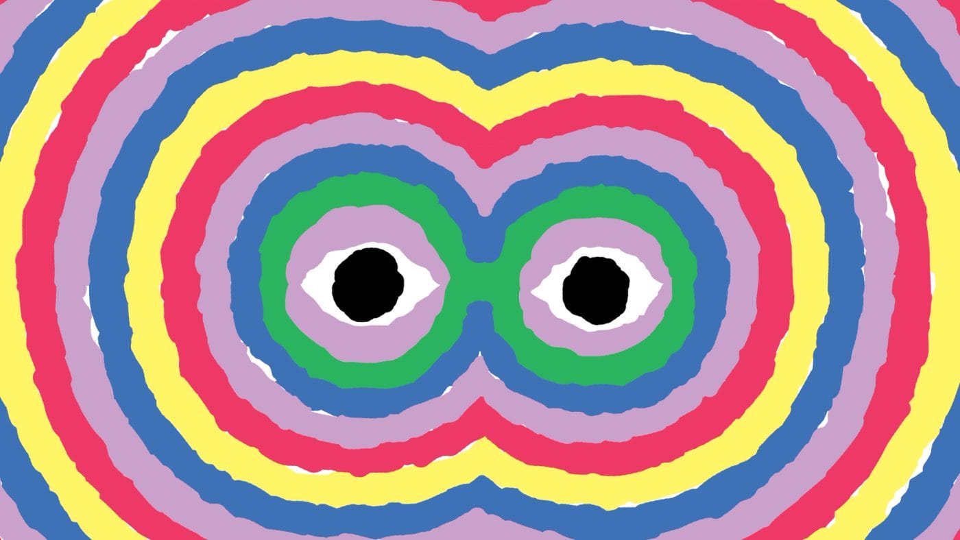Figma blog illustration — eyes formed of concentric color rings