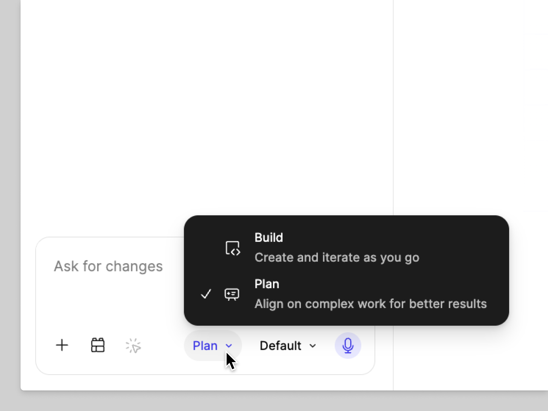 Figma Make 的 Build / Plan 模式切換選單