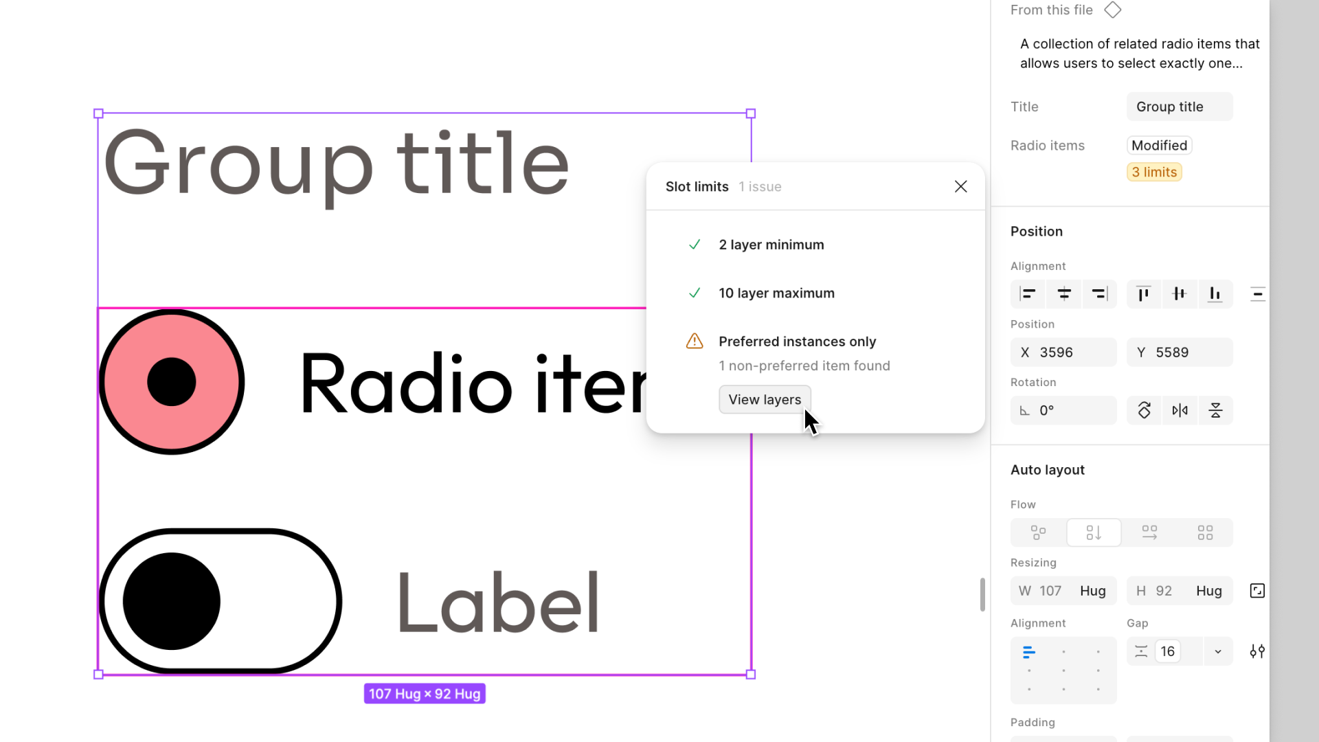Figma 新版 Slot 限制面板顯示 2 layer minimum、10 layer maximum、Preferred instances only 三項檢查