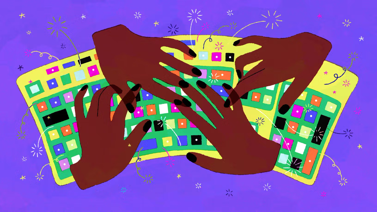 Illustration of hands navigating colorful interfaces