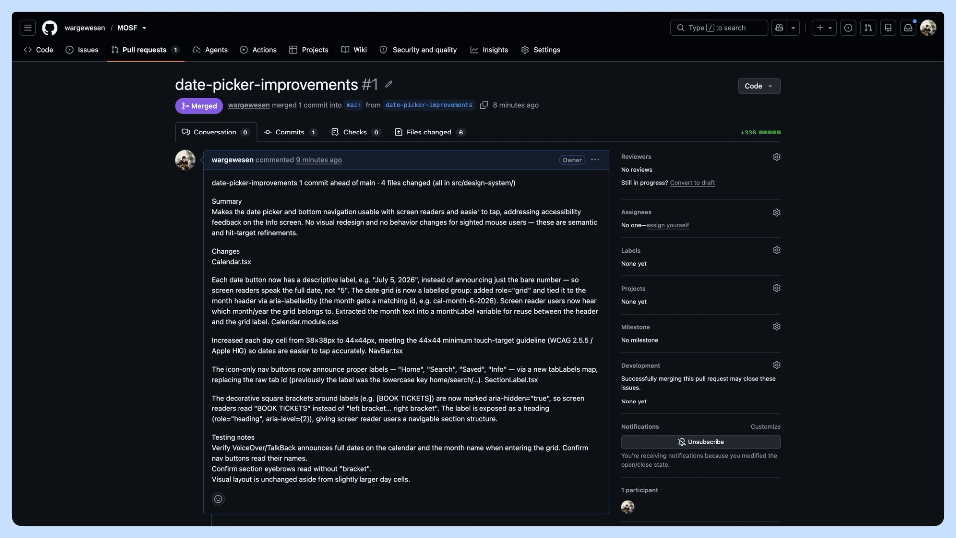 The merged pull request pushed directly from Figma Make with full review history