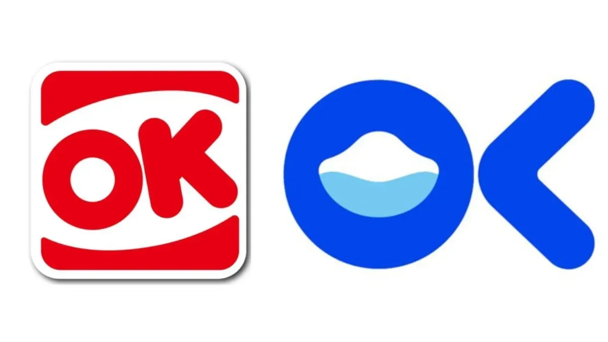 OK超商新舊 Logo 對照圖，左為紅底經典 OK 字樣，右為藍色魚形新 Logo