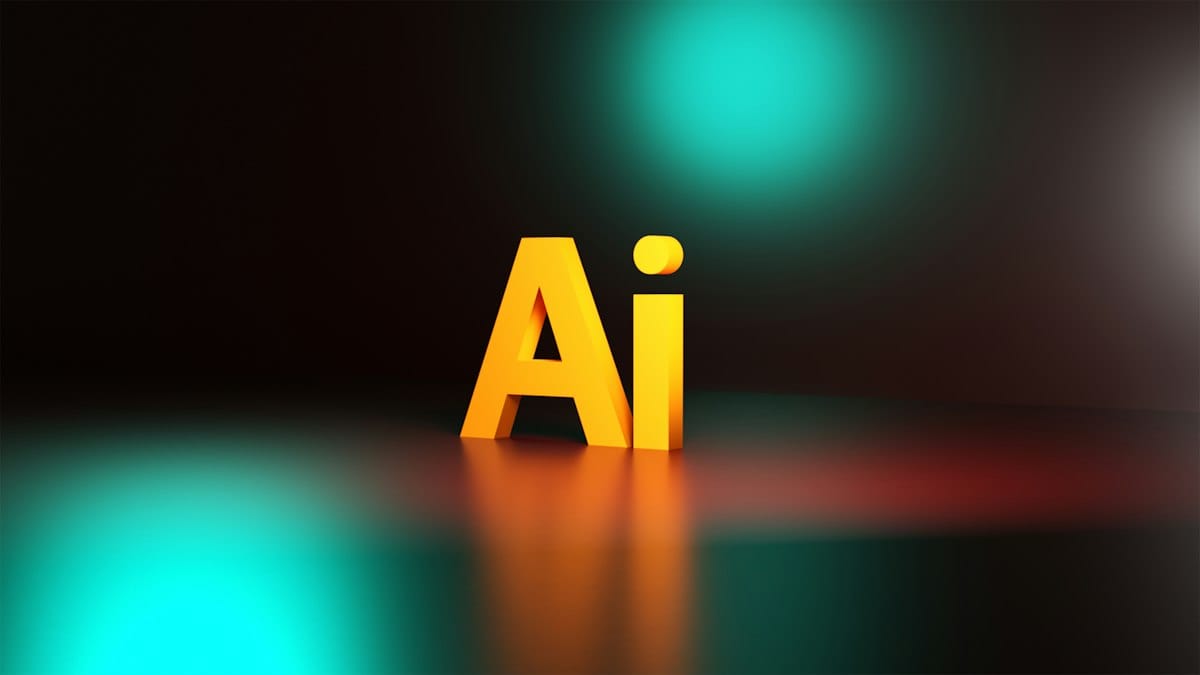 抽象 3D 渲染的 AI 字樣立體字，深色背景搭配藍綠光暈