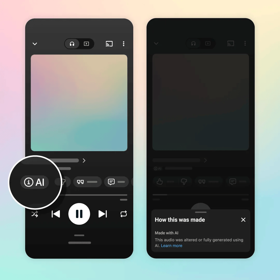 YouTube Music 的生成式 AI 標籤示意圖