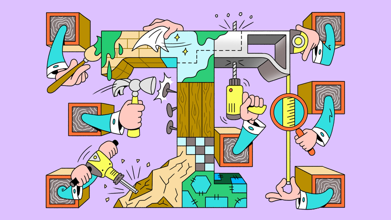 Illustrated letter T being built with hands using paint, drill, hammer | Figma 官方文章封面