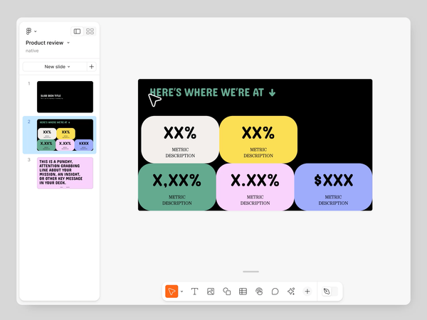 Figma Slides 的 slide row panel — sections 把投影片組成可命名章節