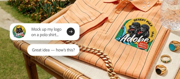 Adobe Firefly AI 助理把 logo 做成 polo 衫圖樣的產品示意視覺
