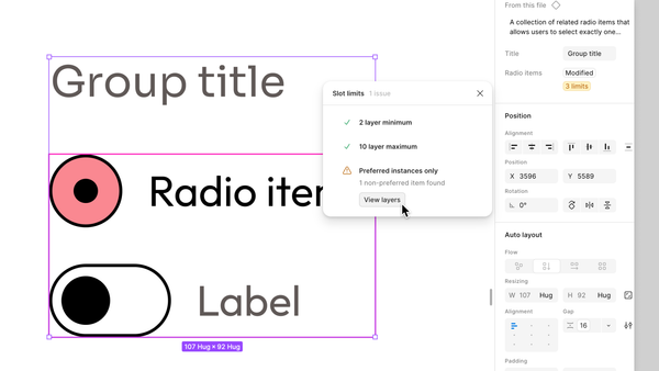 Figma 新版 Slot limits 浮層顯示 2 layer minimum、10 layer maximum、Preferred instances only 三項檢查狀態